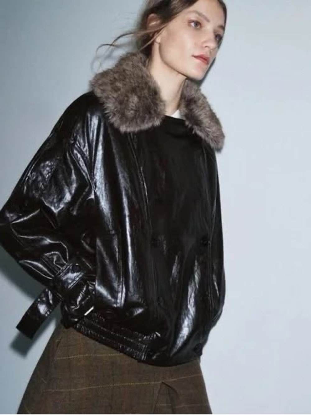 ZARA Faux Leather Jacket With Faux Fur Collar